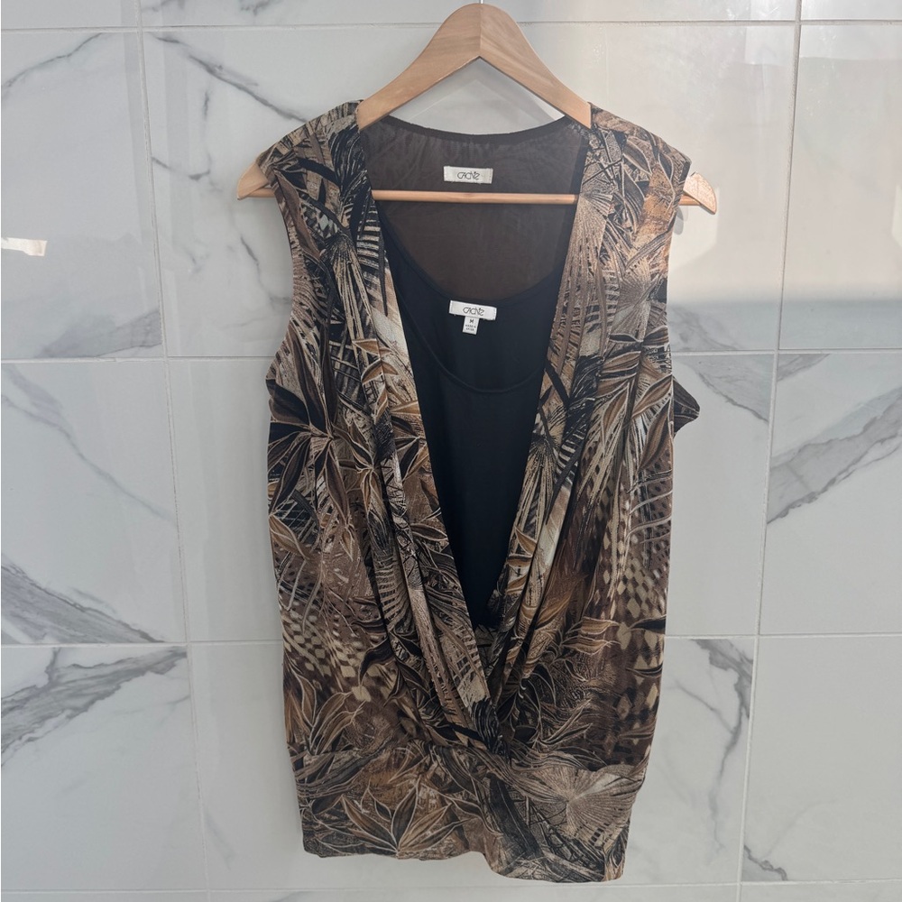 Cache brown tropical sleeveless wrap blouse top with plain black tank - medium